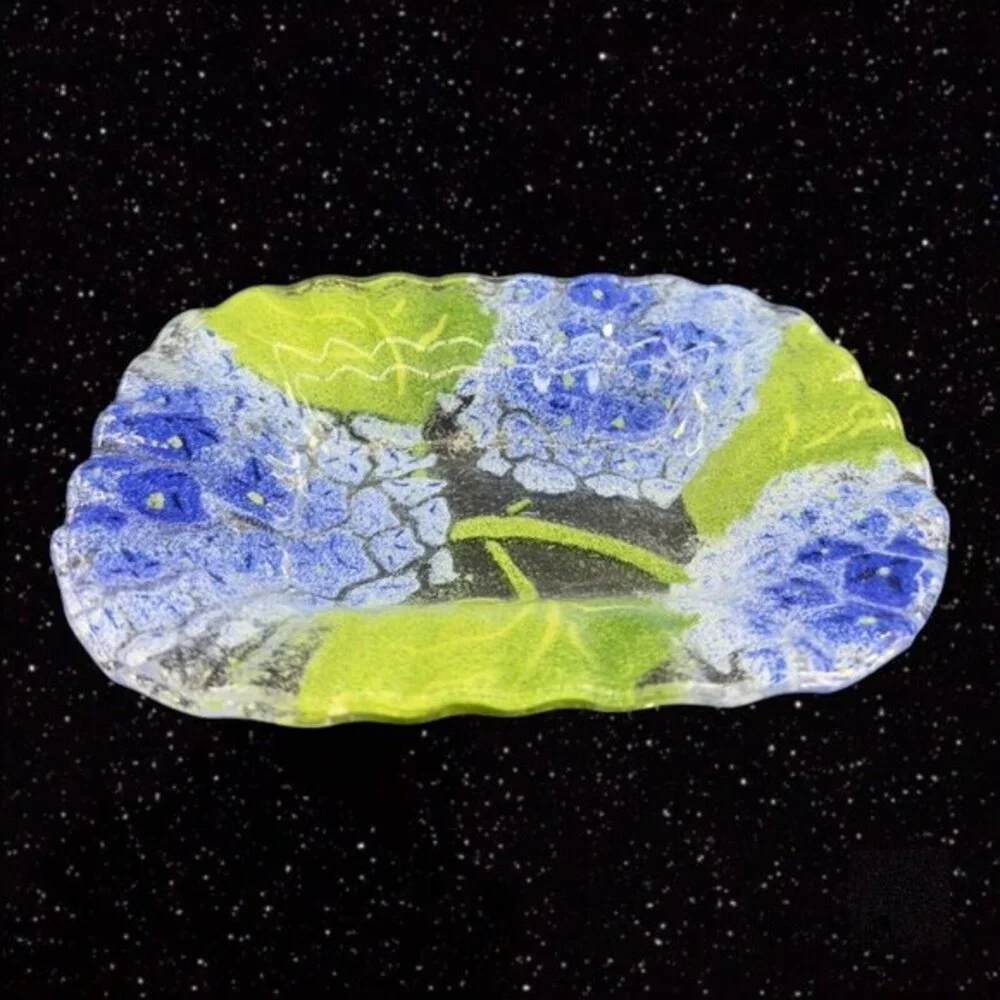 Fused Art Glass Dish Plate‎ Ruffled Edges Blue Flowers Glass Trinket Dish 6”Wide